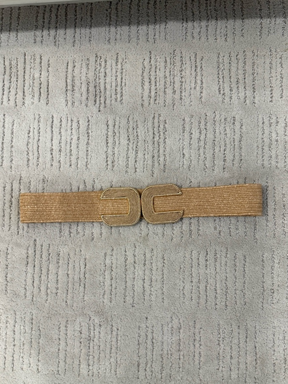 Raffia Elastic Waist Belt with Gold-Tone Buckle
